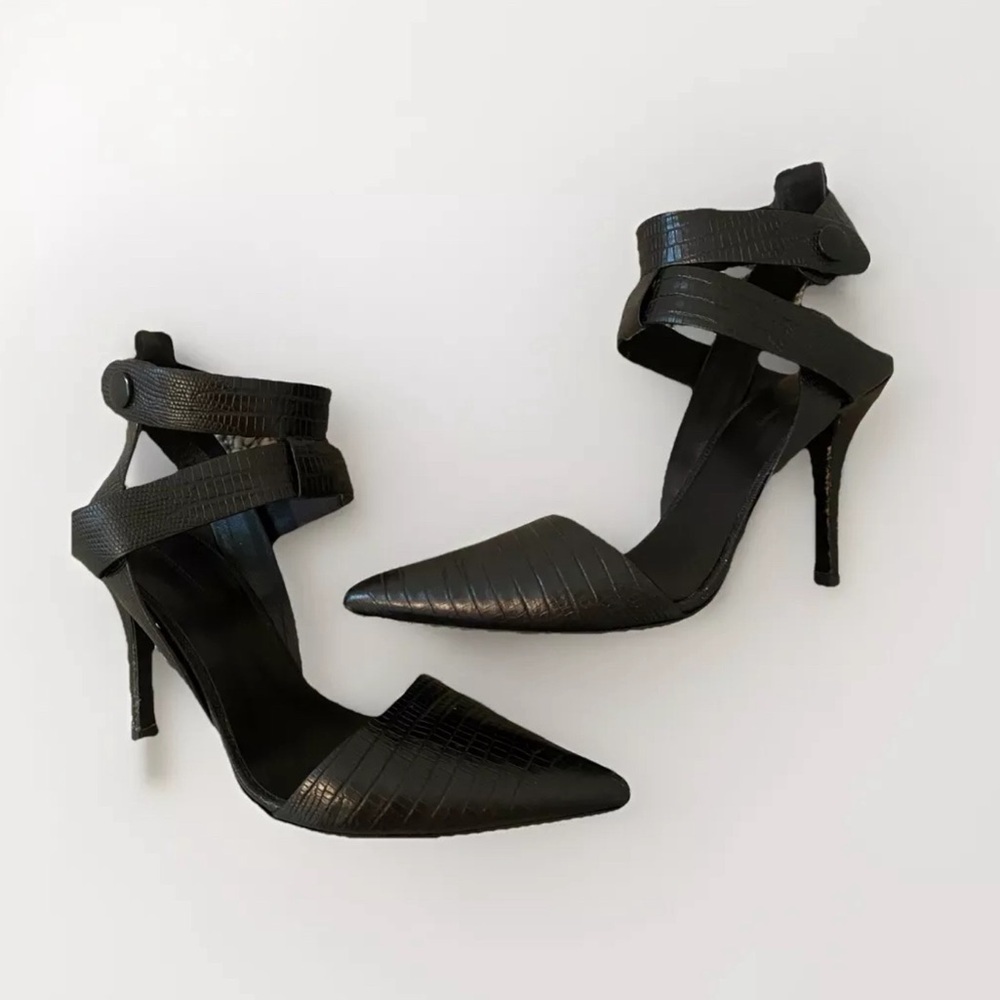 🛑SOLD🛑 Alexander Wang Sonja Heels Size 39 8.5 Black Point Toe Reptile Designer - Picture 1 of 12